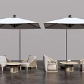 Modern Rattan Outdoor Sofa Set With Two White Umbrellas And Small Round Tables