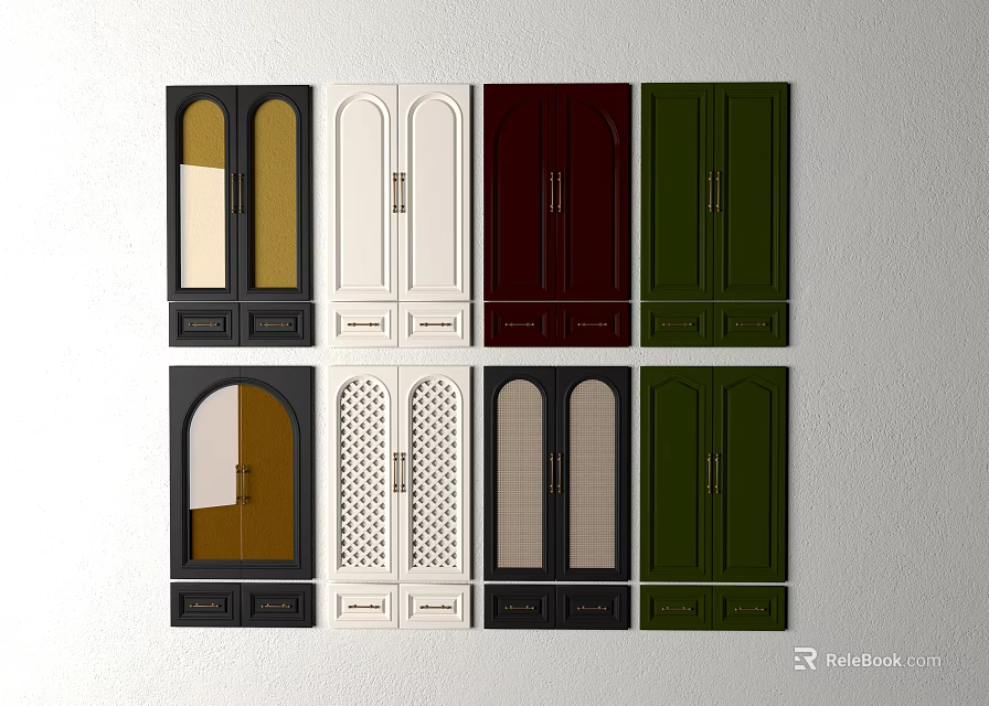 Various Colored Wardrobe Doors With Arched Glass And Grid Design Patterns 3d model 