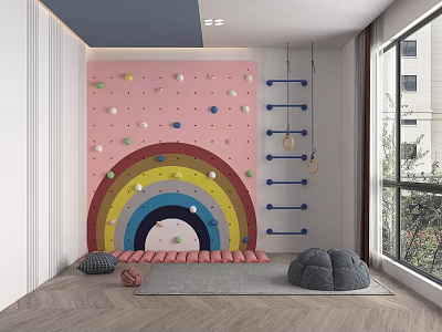 Playroom Interior With Pink Climbing Wall Rainbow Design Blue Ladder Hanging Rings Gray Mats 3d model