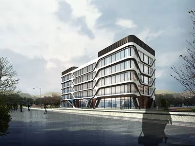 Modern Office Building With Glass Facade And Contemporary Architectural Design Near Road With Trees 3d model