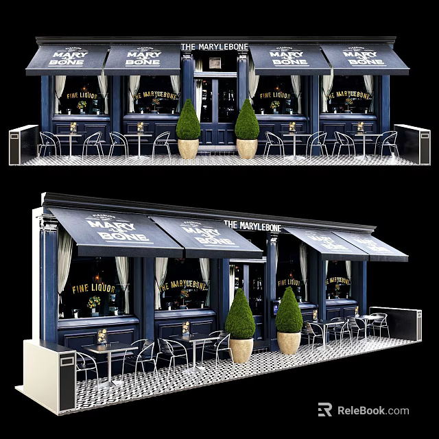 The Manhattan Cafe Exterior Featuring Blue Facade Black Awnings Outdoor Tables Chairs Green Potted Plants 3d model 