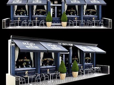The Manhattan Cafe Exterior Featuring Blue Facade Black Awnings Outdoor Tables Chairs Green Potted Plants 3d model