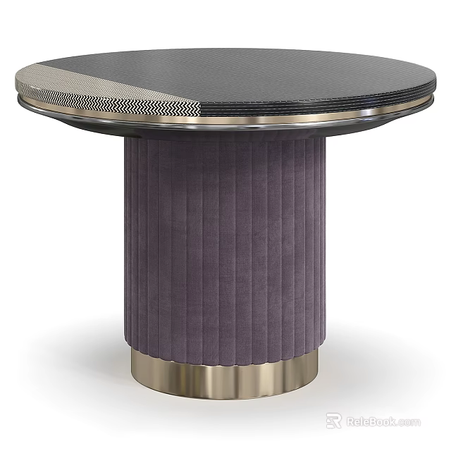 Round Coffee Table With Black Textured Top Purple Ribbed Column And Gold Base 3d model 