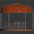 Red Round Perforated Roof Pergola With Metal Frame And Wooden Tables Chairs Outdoor Leisure Space