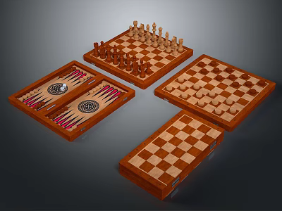 Traditional Wooden Chess And Backgammon Game Set With Foldable Boards And Pieces 3d model