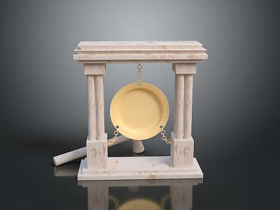 Traditional Gong Musical Instrument with Marble Stand and Wooden Mallet 3d model