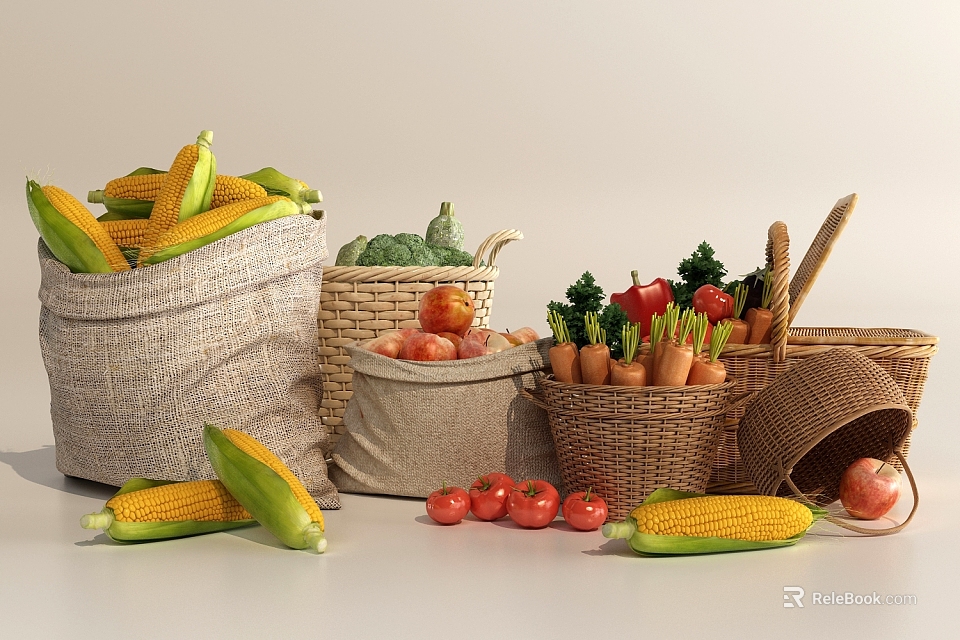 Woven and Linen Storage Baskets Filled with Fresh Vegetables Like Corn Tomatoes Carrots 3d model 