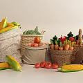 Woven and Linen Storage Baskets Filled with Fresh Vegetables Like Corn Tomatoes Carrots