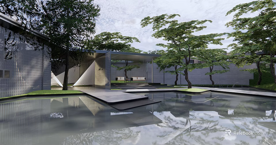 Elegant Modern Garden Landscape With Water Pool Reflections Green Trees And Architectural Structures 3d model