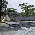 Elegant Modern Garden Landscape With Water Pool Reflections Green Trees And Architectural Structures 3d model