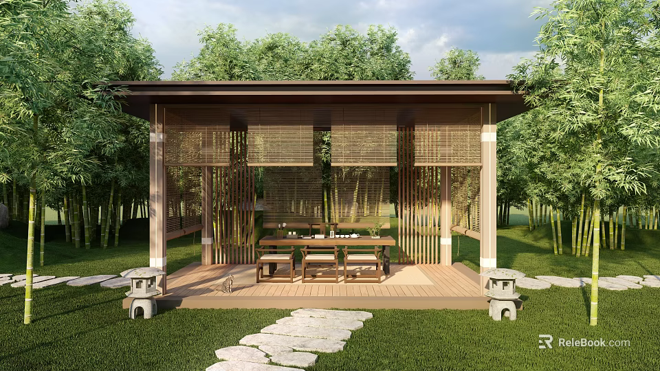 Japanese Garden Pavilion With Bamboo Grove Stone Path Wooden Floor And Stone Lanterns 3d model 