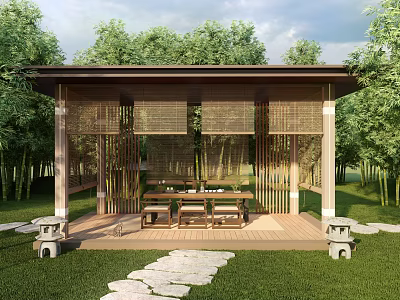 Japanese Garden Pavilion With Bamboo Grove Stone Path Wooden Floor And Stone Lanterns 3d model