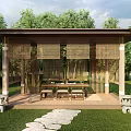 Japanese Garden Pavilion With Bamboo Grove Stone Path Wooden Floor And Stone Lanterns