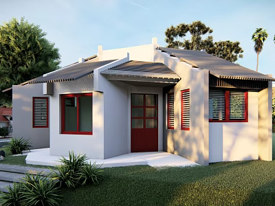 White House Exterior With Red Doors Windows Gray Roof And Green Lawn Trees 3d model