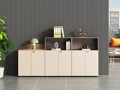 Modern Minimalist Beige Bookcase With Wooden Upper Shelf Decorative Books Sculpture And Table Lamp 3d model