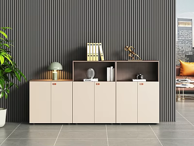 Modern Minimalist Beige Bookcase With Wooden Upper Shelf Decorative Books Sculpture And Table Lamp 3d model