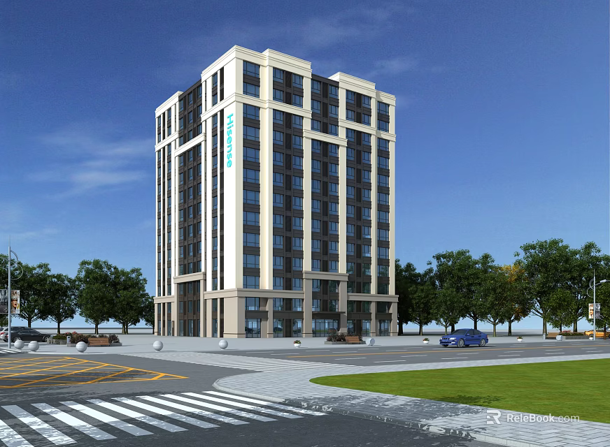Tall Modern Office Building with Glass and Stone Facade Surrounded by Trees Lawn and Road 3d model 