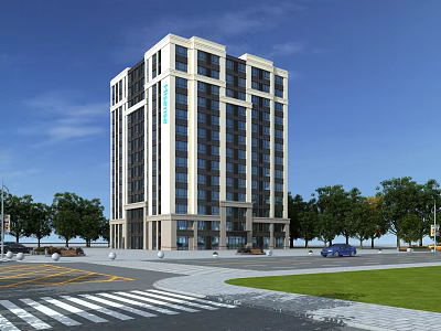 Tall Modern Office Building with Glass and Stone Facade Surrounded by Trees Lawn and Road 3d model