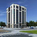 Tall Modern Office Building with Glass and Stone Facade Surrounded by Trees Lawn and Road