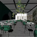 Elegant Restaurant Interior Design With Green Tile Wall Hanging Yellow Flowers Green Chairs And Wine Shelves