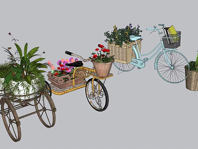 Decorative Bicycles With Flower Baskets And Green Plants For Garden Decoration 3d model