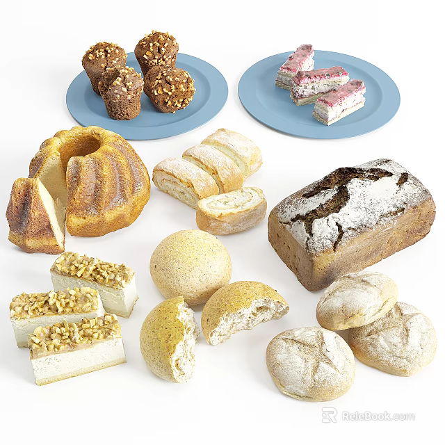 Fresh Assorted Bread And Pastries On Plates With Walnut Toppings Round Loaves And Slices 3d model 