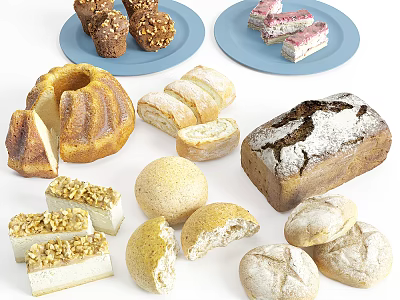 Fresh Assorted Bread And Pastries On Plates With Walnut Toppings Round Loaves And Slices 3d model