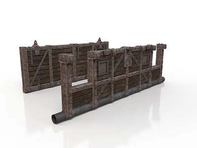Medieval Wooden Defensive Wall With Metal Reinforcements And Spiked Decorations 3d model