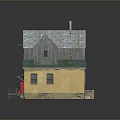 Scenic Old Wooden House Gray Roof Yellow Building Red Sign Red Car Brown Sandy Ground