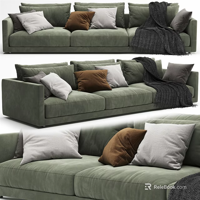 Comfortable Green Sectional Sofa With Mixed Color Cushions And Dark Throw Blanket 3d model