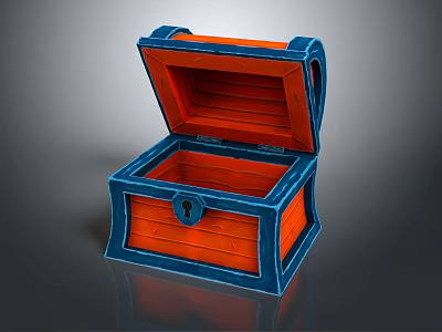 Open Wooden Treasure Chest With Orange Blue Frame And Lock Design 3d model