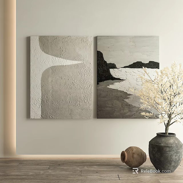 Interior Wall Decor With Abstract Paintings Vase And Dried Branches 3d model