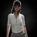 A Woman Wearing Beige Buttoned Shirt And Khaki Cropped Pants Standing Against Black Background
