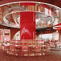 Modern Elegant Restaurant Interior With Red Decor Circular Bar Counter Transparent Chairs And Menu Posters 3d model