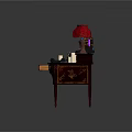 Vintage Wooden Desk With Red Table Lamps Books Purple Decor Calculator And Papers
