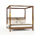 Four Poster Double Bed With Wooden Frame Striped Upholstered Headboard And White Pillows
