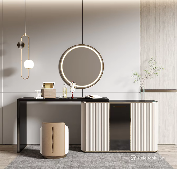 Modern Dressing Table With Round Backlit Mirror Gold Pendant Light Black Beige Cabinets Decorative Items 3d model