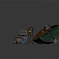 Wooden Fishing Boat With Blue Box Rod Reel And Tackle Equipment