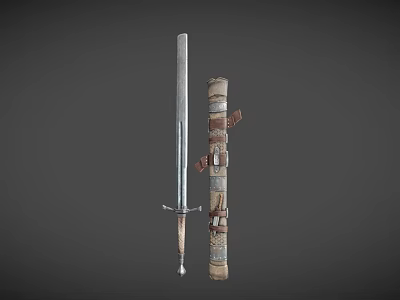 Classic Medieval Metal Sword With Sharp Blade And Leather Scabbard Straps 3d model