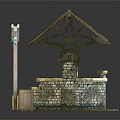 Garden Ornament Brick Well With Wooden Roof Bucket And Lamp Post Design