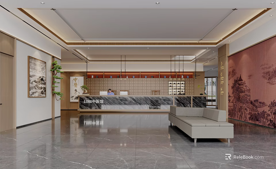 Hospital Outpatient Clinic Lobby With Marble Reception Counter Sofa Decorative Paintings And Green Plants 3d model 
