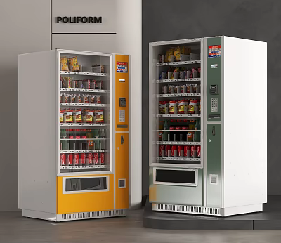 Two POLIFORM Refrigerator Freezers With Different Colors Filled With Drinks And Snacks In Interior 3d model