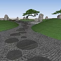 Serene Plaza Landscape with Green Grass Pine Trees and Wavy Textured Stones Ground