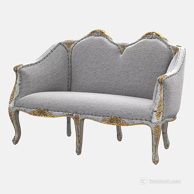 Elegant Gray Classic Sofa With Golden Carved Accents And Sturdy Legs 3d model 