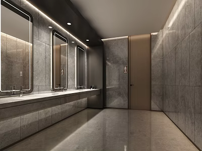 Modern Public Restroom Interior With Gray Tiles Vanity And Mirrors 3d model