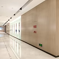 Modern Office Corridor With Light Wood Grain Walls Smooth Marble Floor And Recessed Lights