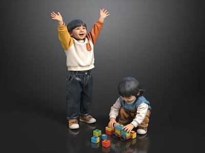 Two Children Standing With Raised Arms And Squatting To Play Colorful Building Blocks 3d model