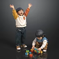 Two Children Standing With Raised Arms And Squatting To Play Colorful Building Blocks