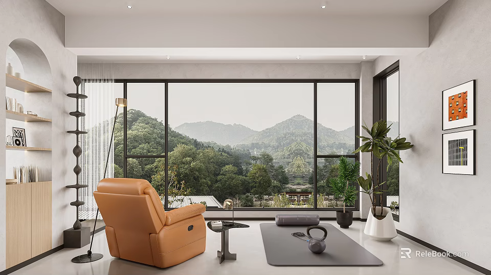 Home Theater Room With Cozy Seating And Natural Landscape View 3d model 