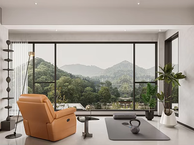 Home Theater Room With Cozy Seating And Natural Landscape View 3d model